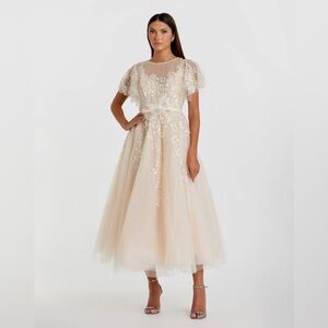NWT $798 MAC DUGGAL Embellished Flutter Sleeve Bow Waist A Line Dress MIDI 20362